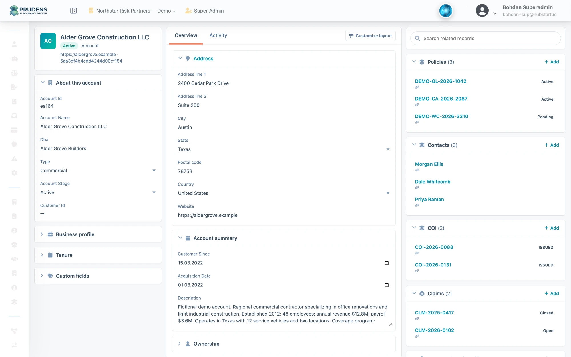 A Prudens account record with policies, contacts, certificates and claims gathered alongside the account details.