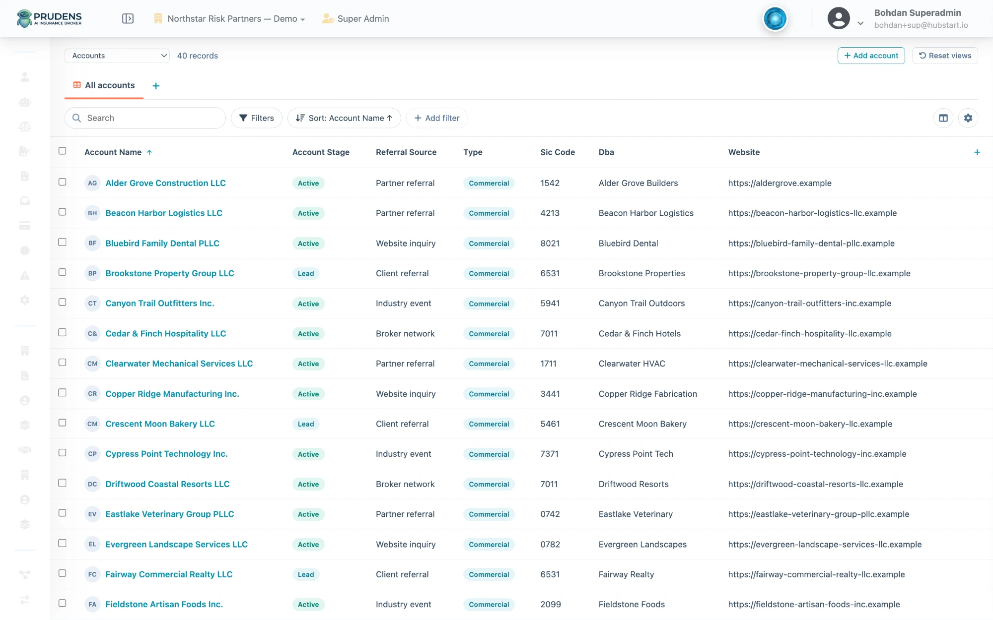 The Prudens accounts list, showing every account with its stage, referral source and type.